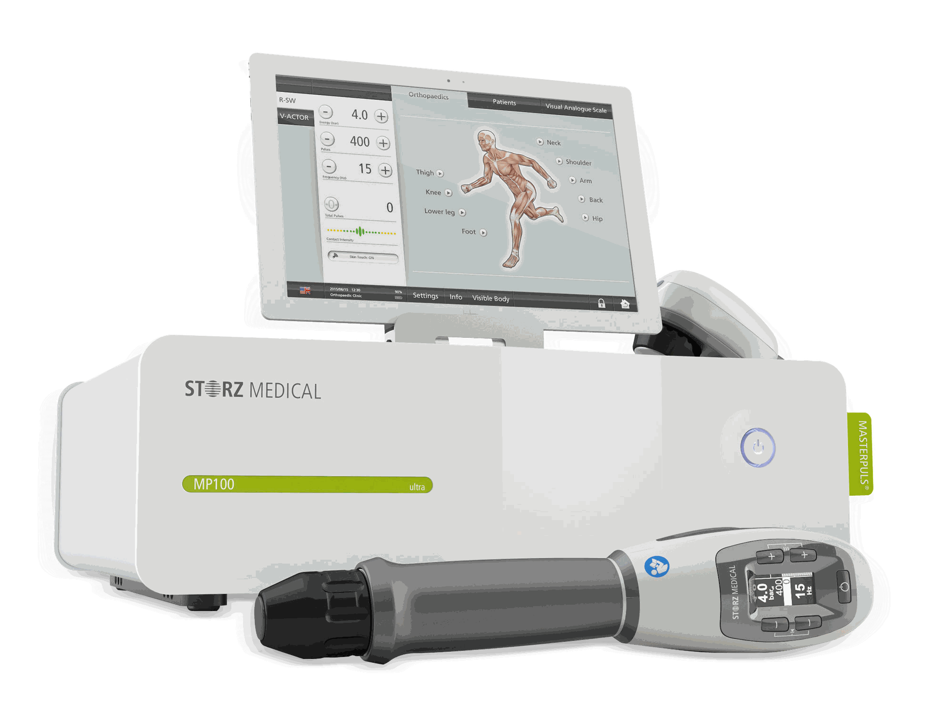 Shockwave device including a compressor, a pulse hand piece and a touch screen Image of a shockwave device including a compressor, a pulse hand piece and a touch screen